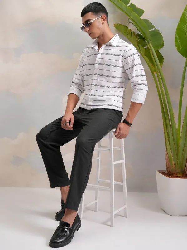 Highlander Men Black Striped Slim Fit Casual Shirt