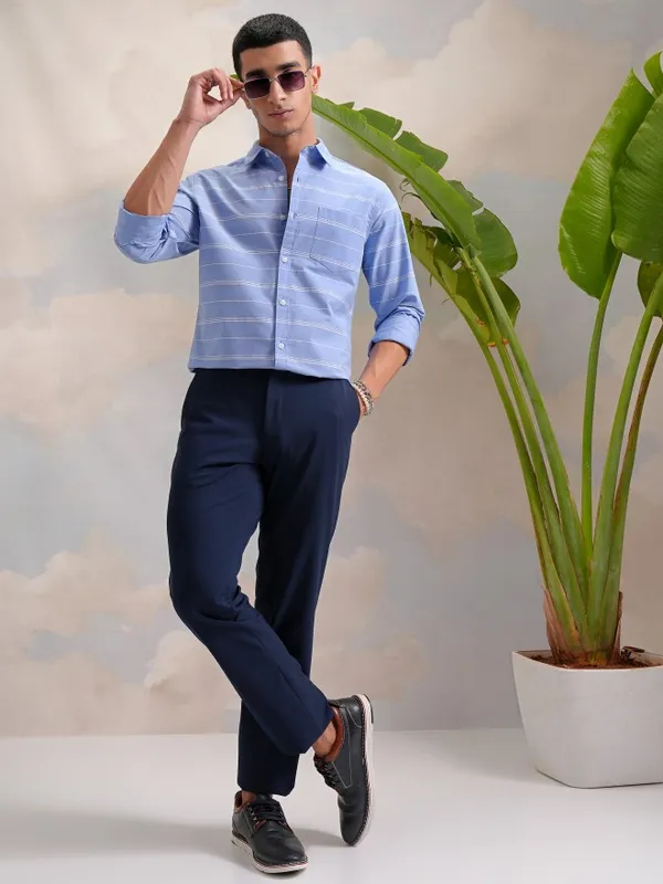 Highlander Men Blue Striped Slim Fit Casual Shirts