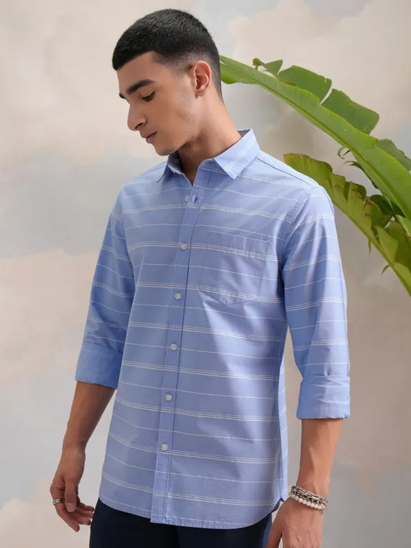 Highlander Men Blue Striped Slim Fit Casual Shirts