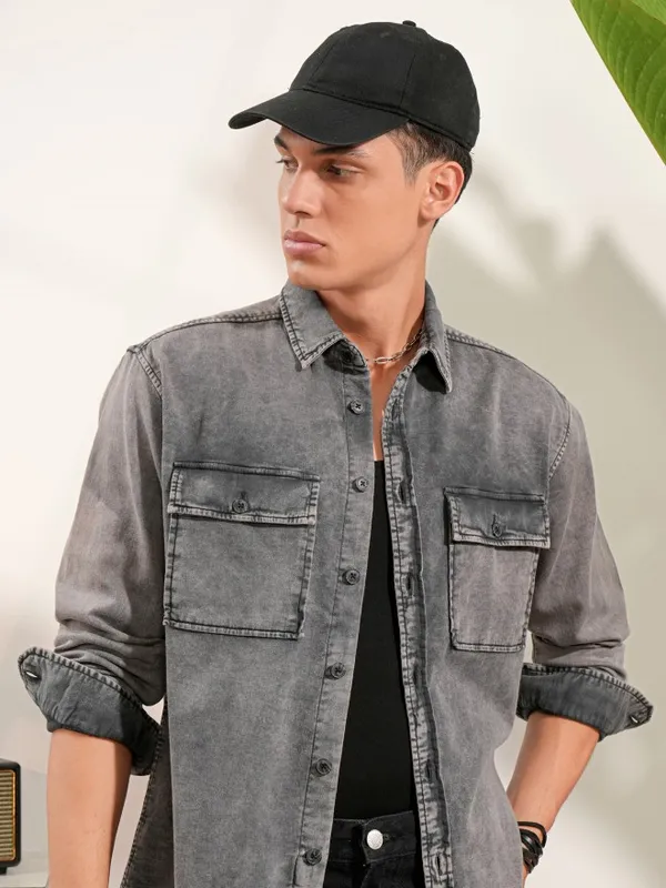 Locomotive Men Grey Faded Oversized Fit Casual Shirts