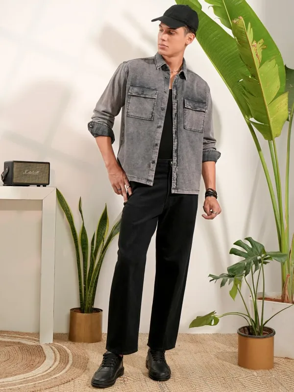 Locomotive Men Grey Faded Oversized Fit Casual Shirts