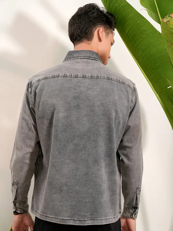 Locomotive Men Grey Faded Oversized Fit Casual Shirts