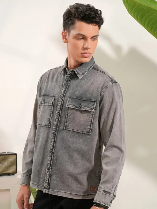Locomotive Men Grey Faded Oversized Fit Casual Shirts