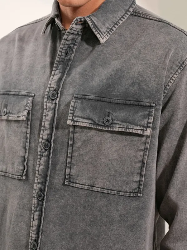 Locomotive Men Grey Faded Oversized Fit Casual Shirts