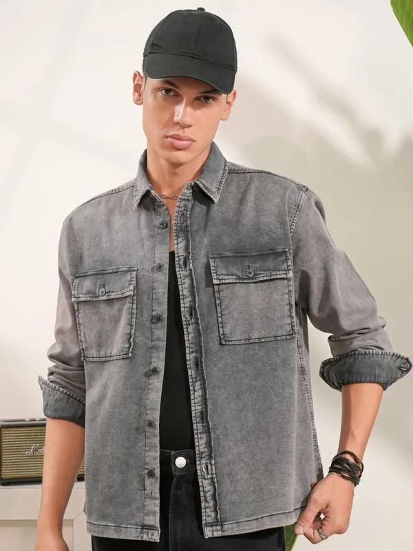 Locomotive Men Grey Faded Oversized Fit Casual Shirts