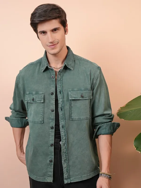 Locomotive Men Green Faded Oversized Fit Casual Shirts