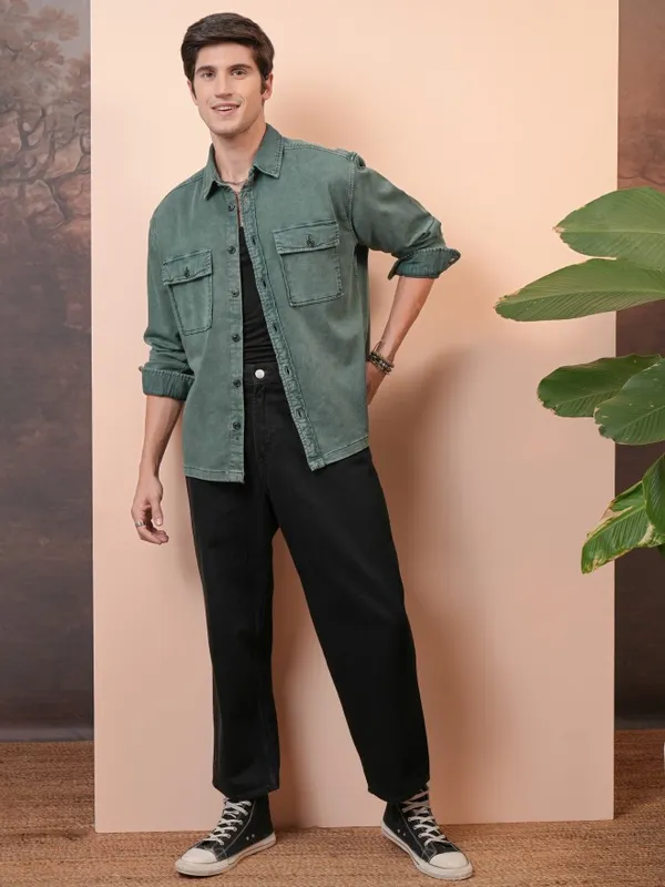 Locomotive Men Green Faded Oversized Fit Casual Shirts