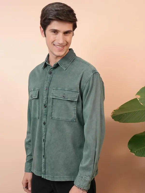 Locomotive Men Green Faded Oversized Fit Casual Shirts