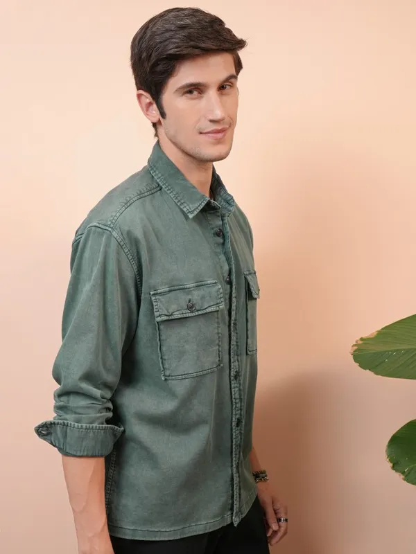 Locomotive Men Green Faded Oversized Fit Casual Shirts