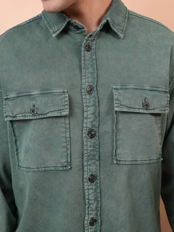 Locomotive Men Green Faded Oversized Fit Casual Shirts