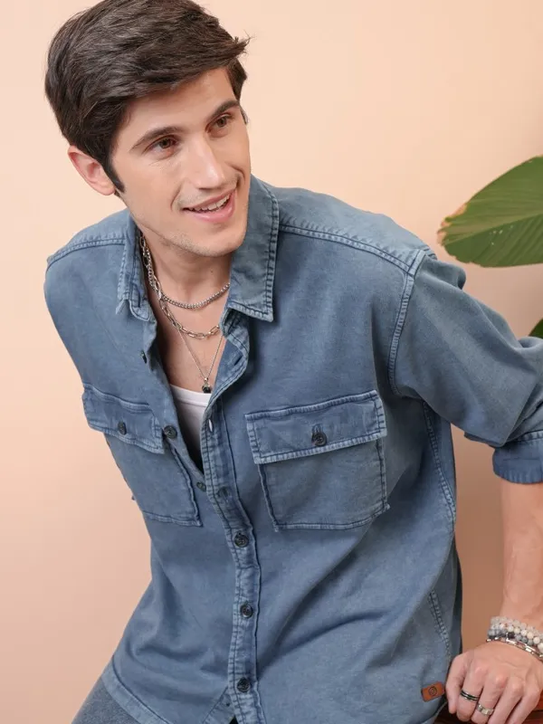  Locomotive Men Blue Faded Oversized Fit Casual Shirts