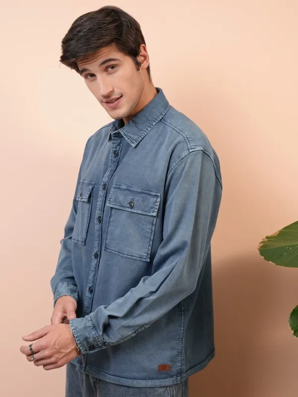  Locomotive Men Blue Faded Oversized Fit Casual Shirts