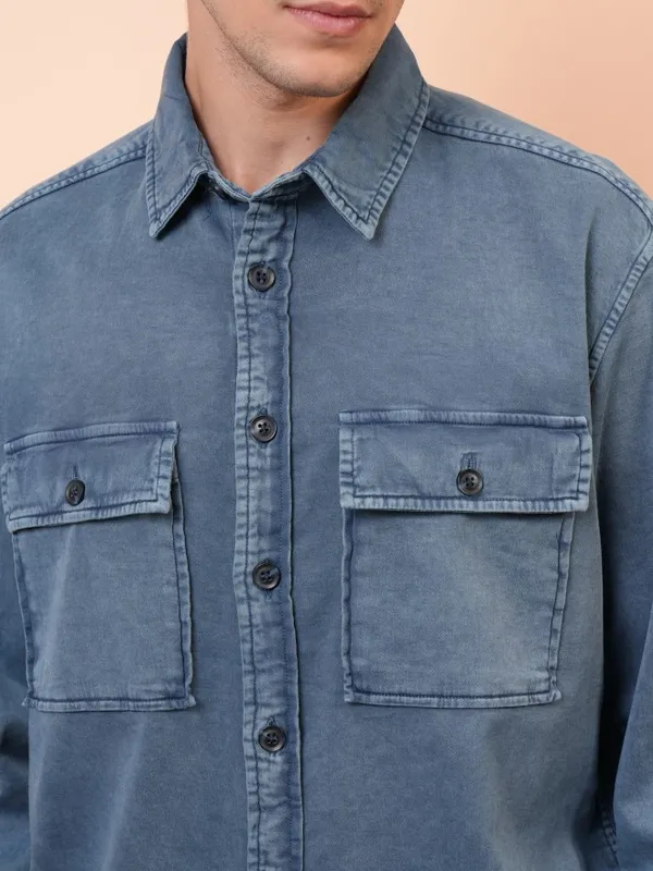  Locomotive Men Blue Faded Oversized Fit Casual Shirts