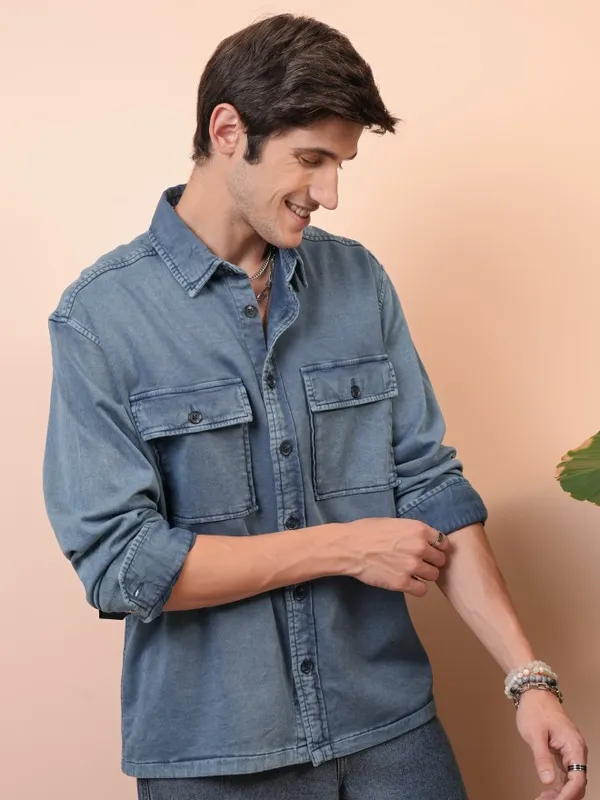  Locomotive Men Blue Faded Oversized Fit Casual Shirts
