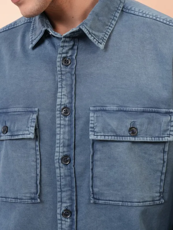  Locomotive Men Blue Faded Oversized Fit Casual Shirts