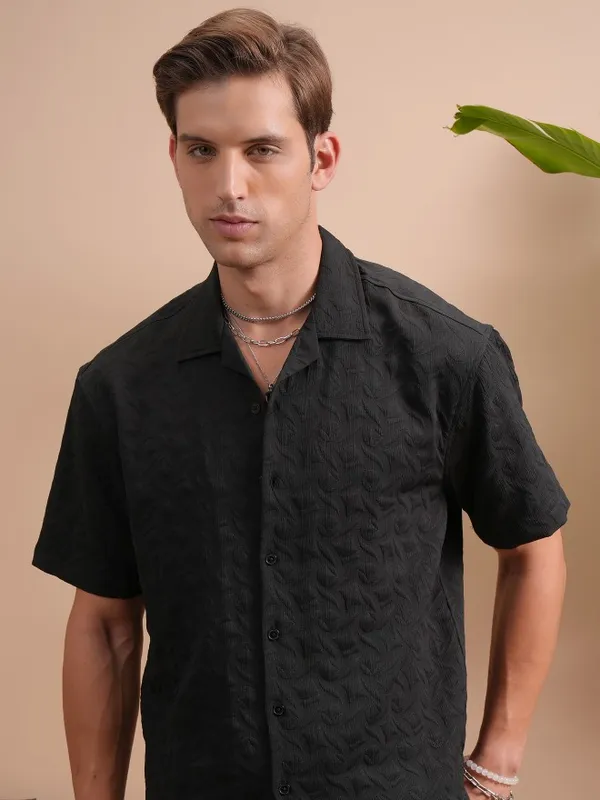 Locomotive Men Black Self Design Oversized Fit Casual Shirt