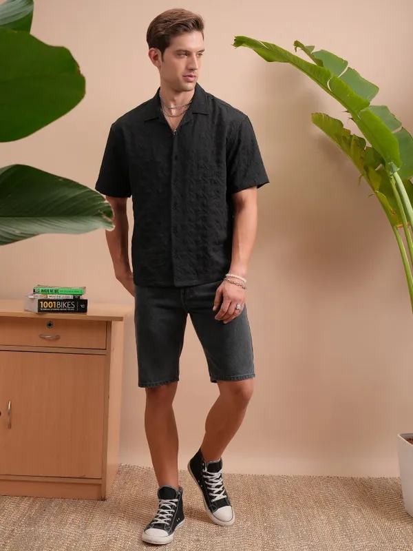 Locomotive Men Black Self Design Oversized Fit Casual Shirt