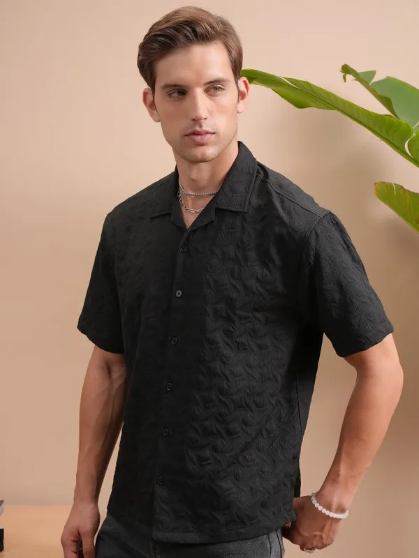 Locomotive Men Black Self Design Oversized Fit Casual Shirt