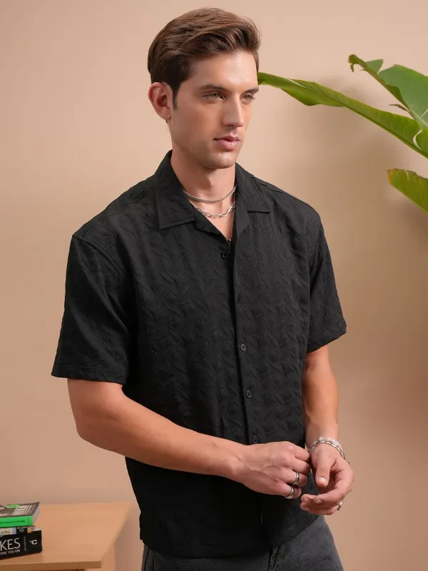 Locomotive Men Black Self Design Oversized Fit Casual Shirt