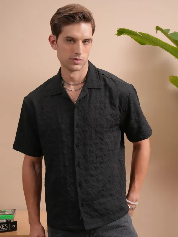 Locomotive Men Black Self Design Oversized Fit Casual Shirt