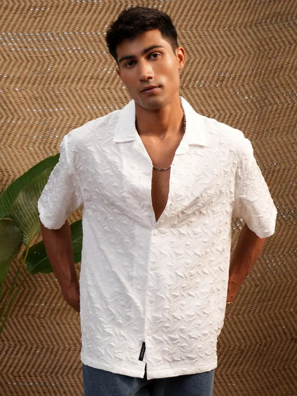  Locomotive Men White Self Design Oversized Fit Casual Shirts