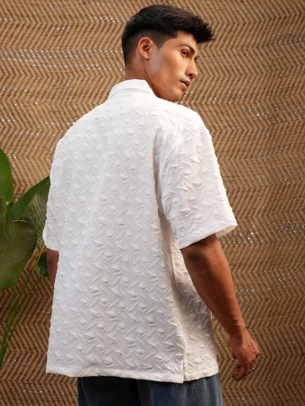  Locomotive Men White Self Design Oversized Fit Casual Shirts
