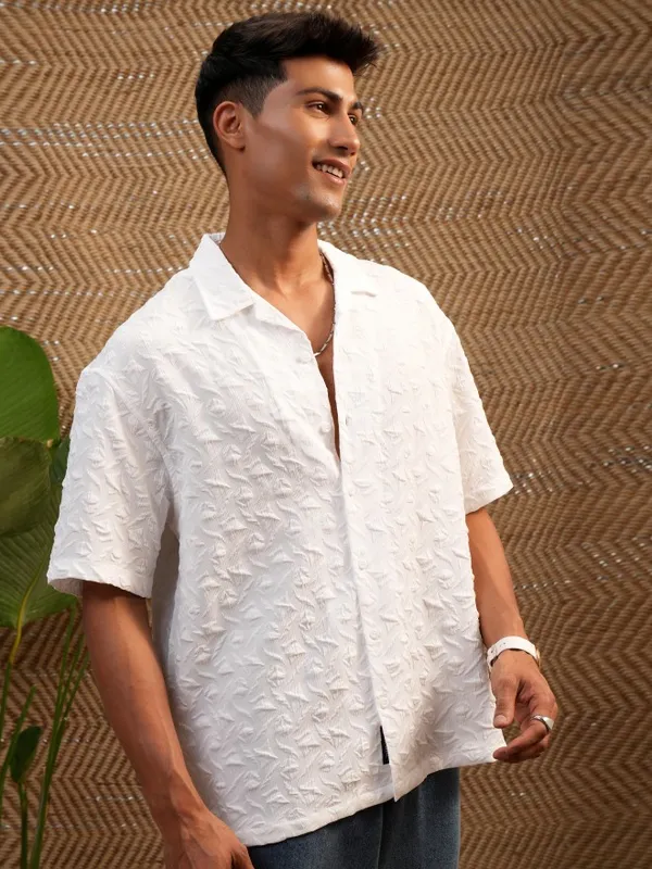  Locomotive Men White Self Design Oversized Fit Casual Shirts