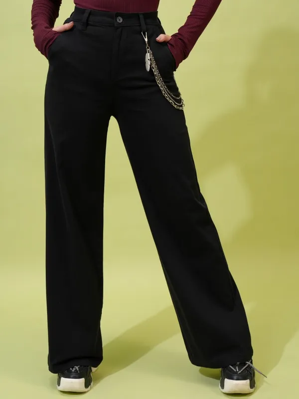  Tokyo Talkies Women Black Solid Straight Fit Casual Trousers