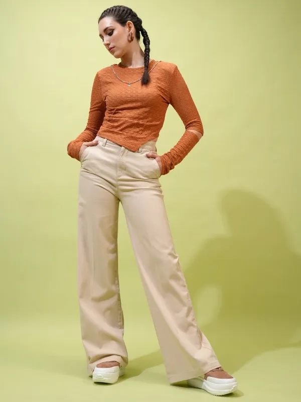  Tokyo Talkies Women Beige Solid Loose Fit Casual Trousers