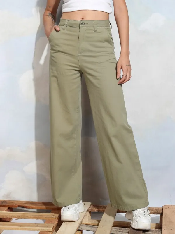 Tokyo Talkies Women Green Solid Flared Casual Trouser