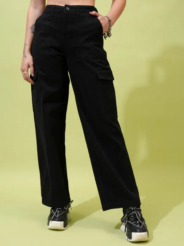  Tokyo Talkies Women Black Solid Flared Casual Trousers