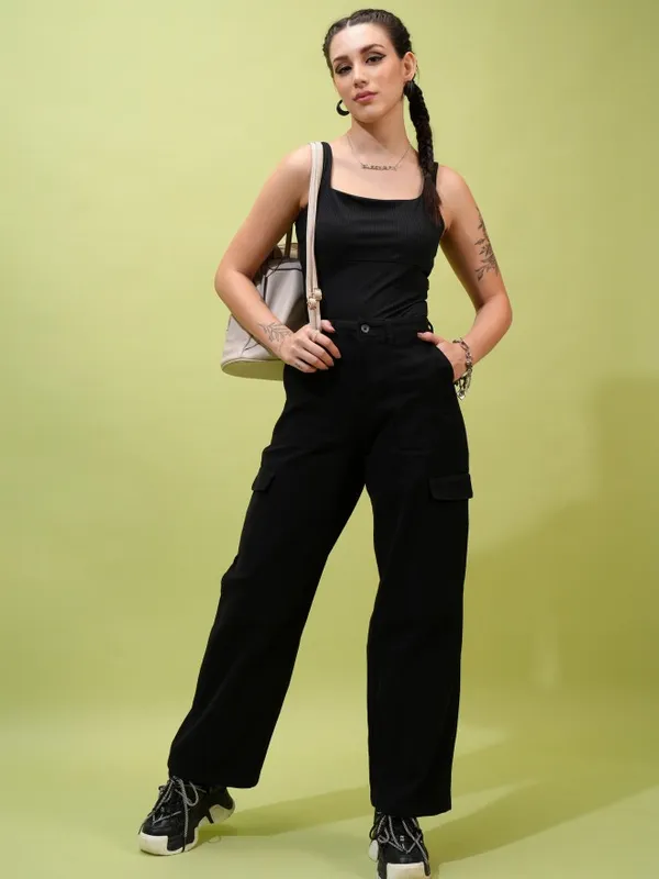  Tokyo Talkies Women Black Solid Flared Casual Trousers