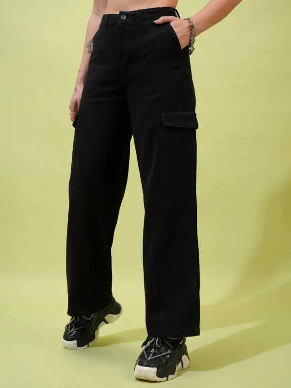  Tokyo Talkies Women Black Solid Flared Casual Trousers