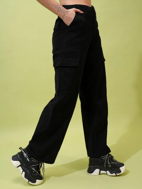  Tokyo Talkies Women Black Solid Flared Casual Trousers