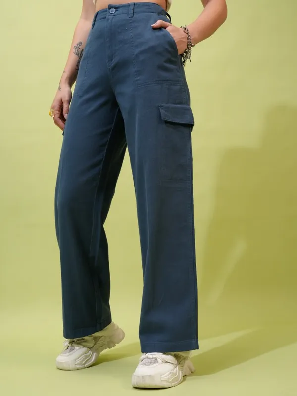  Tokyo Talkies Women Blue Solid Flared Casual Trousers