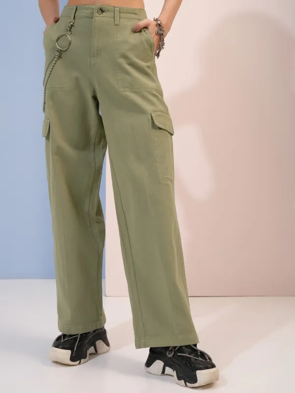 Tokyo Talkies Women Green Solid Flared Casual Trouser