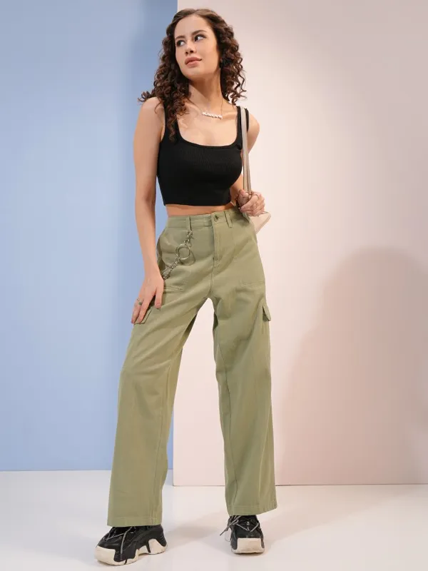 Tokyo Talkies Women Green Solid Flared Casual Trouser