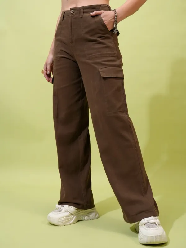  Tokyo Talkies Women Brown Solid Flared Casual Trousers