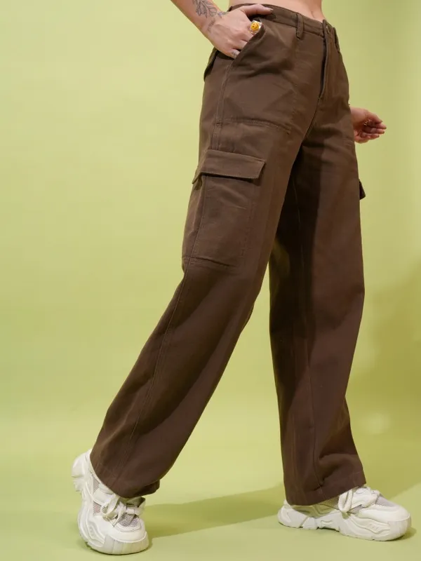  Tokyo Talkies Women Brown Solid Flared Casual Trousers