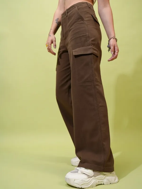 Tokyo Talkies Women Brown Solid Flared Casual Trousers