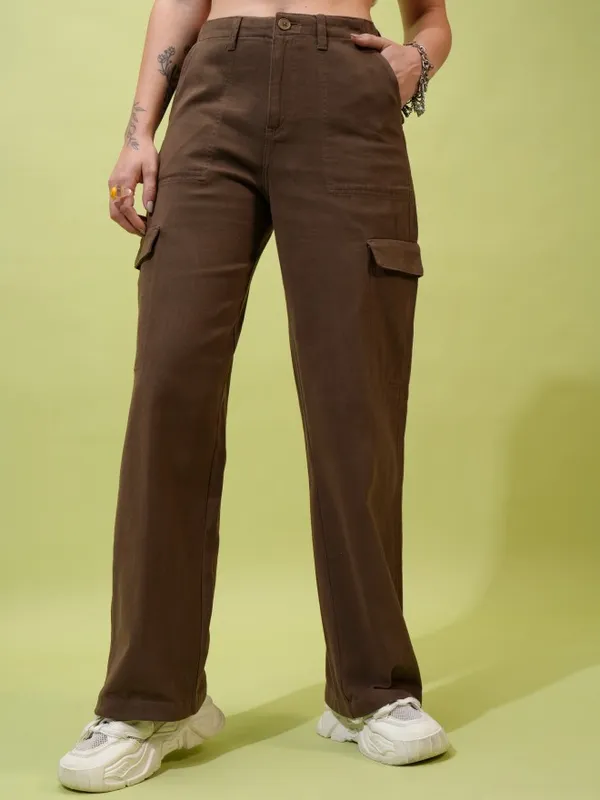  Tokyo Talkies Women Brown Solid Flared Casual Trousers