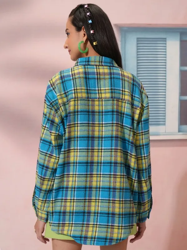 Tokyo Talkies Women Blue Checked Oversized Fit Casual Shirt