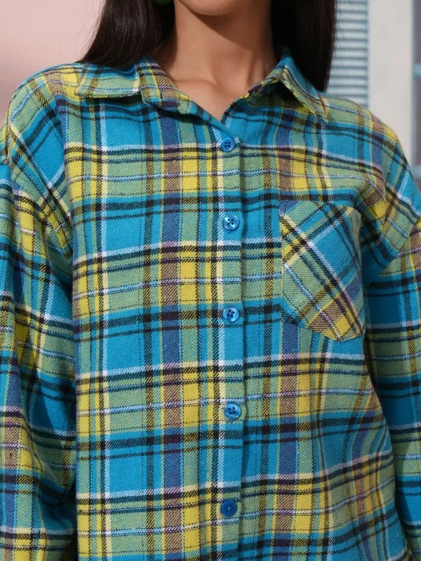 Tokyo Talkies Women Blue Checked Oversized Fit Casual Shirt