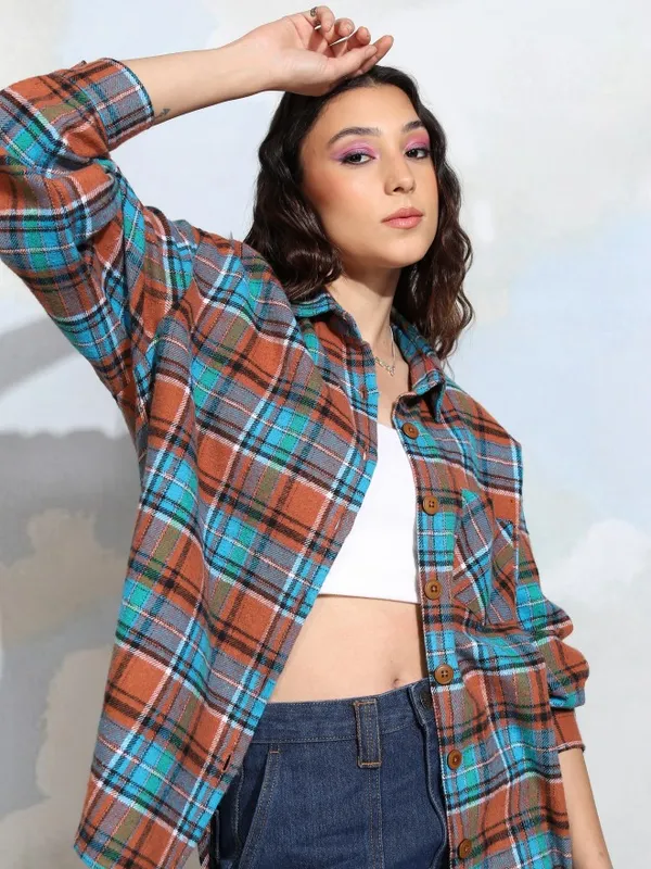 Tokyo Talkies Women Terracotta Checked Oversized Fit Casual Shirt