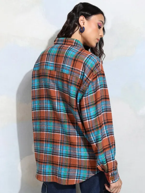 Tokyo Talkies Women Terracotta Checked Oversized Fit Casual Shirt
