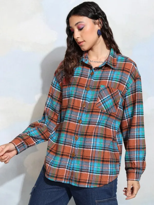 Tokyo Talkies Women Terracotta Checked Oversized Fit Casual Shirt