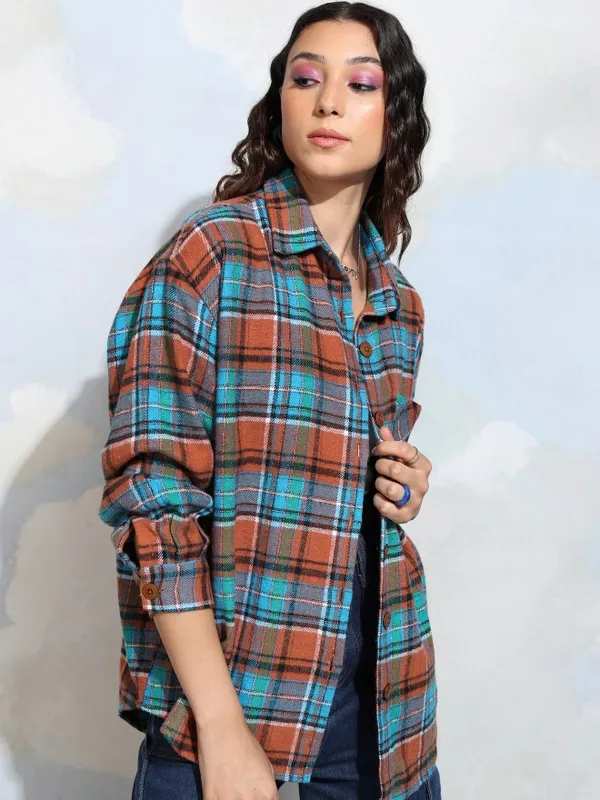 Tokyo Talkies Women Terracotta Checked Oversized Fit Casual Shirt