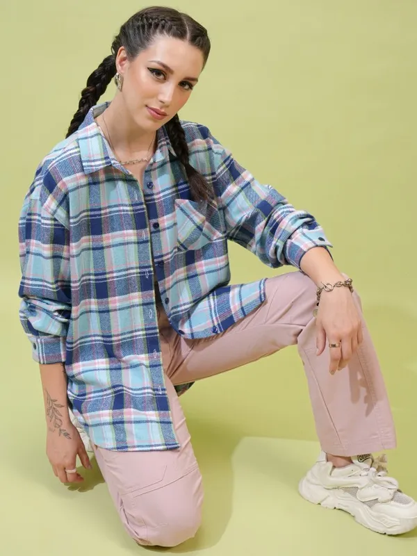  Tokyo Talkies Women Blue Checked Casual Shirts