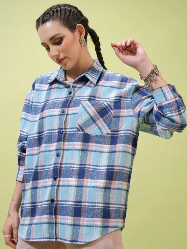  Tokyo Talkies Women Blue Checked Casual Shirts
