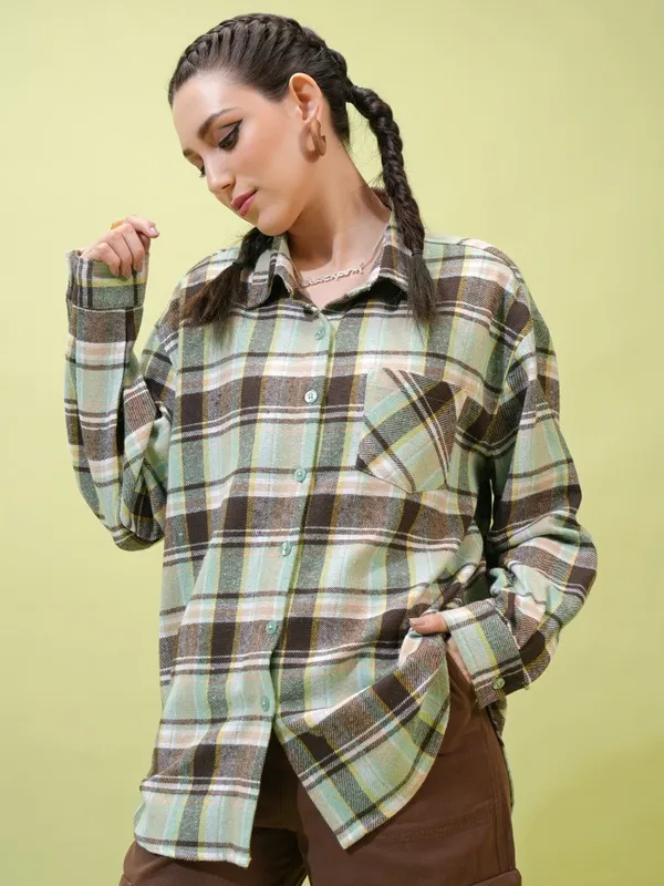 Tokyo Talkies Women Green Checked Casual Shirts